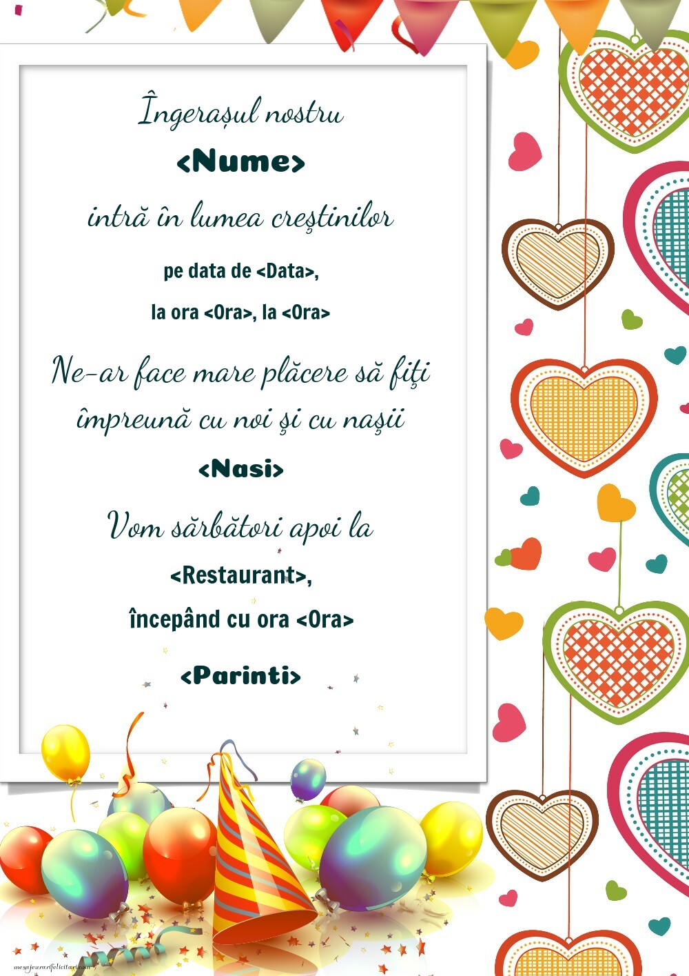 Invitație la botez cu baloane si inimioare - Invitații de Botez personalizate