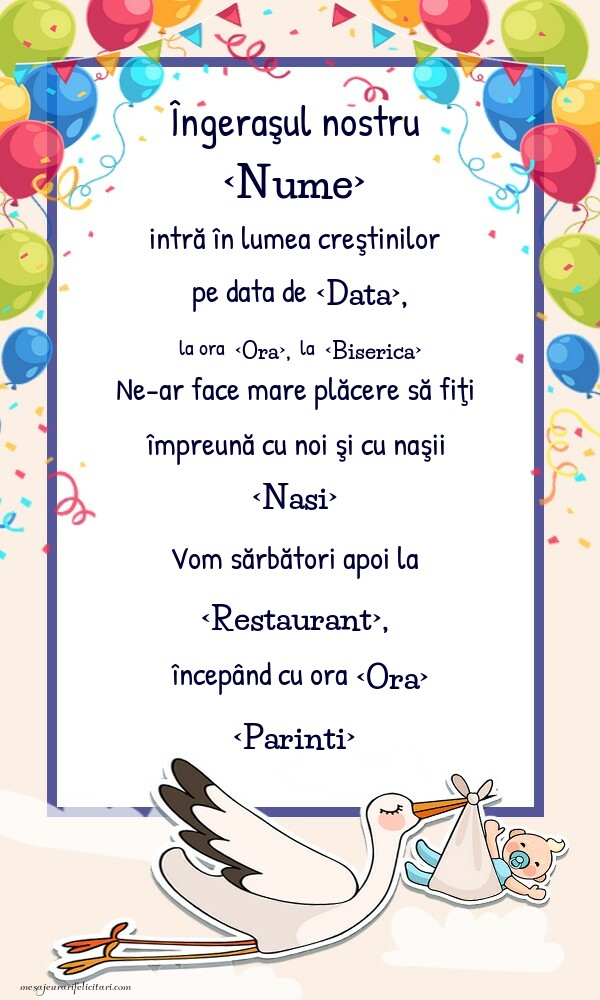 Invitație cu baloane si barza: Îngeraşul nostru intră în lumea creştinilor - Invitații de Botez personalizate