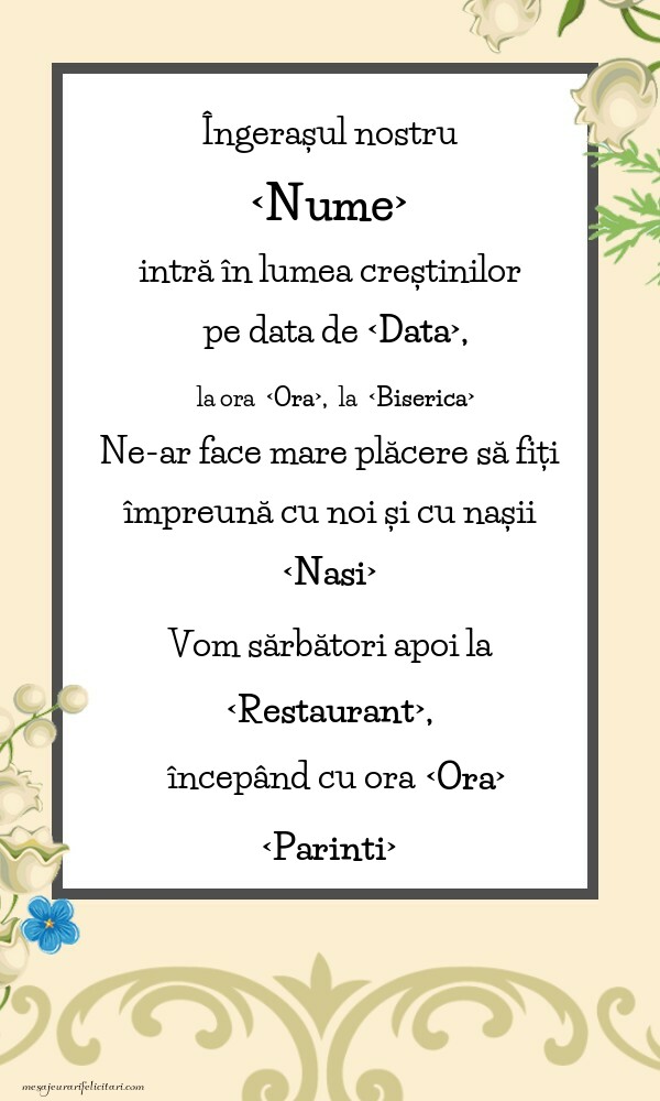 Invitație cu flori: Îngeraşul nostru intră în lumea creştinilor - Invitații de Botez personalizate