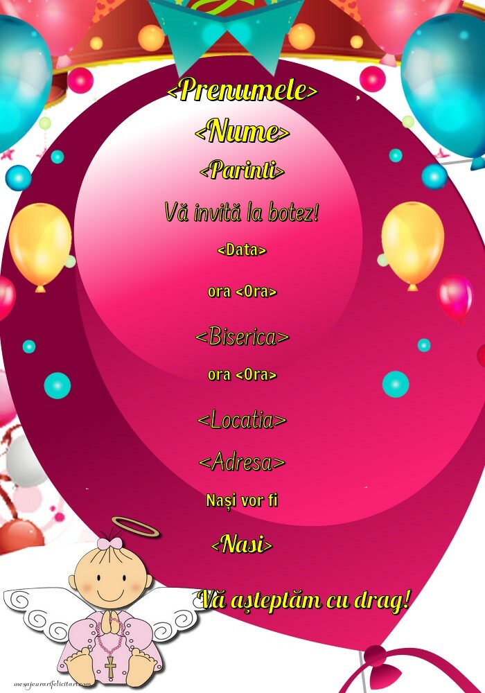 Invitatie simpla la botez cu baloane - Invitații de Botez personalizate