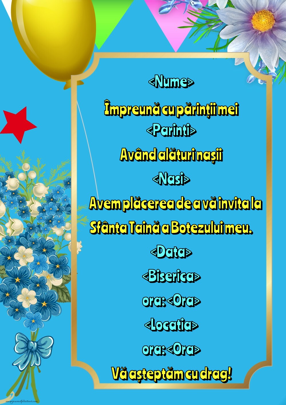 Invitație la botez cu flori - Invitații de Botez personalizate