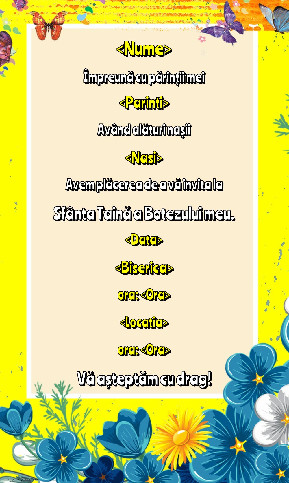 Invitatie la botez simpla cu flori - Invitații de Botez personalizate