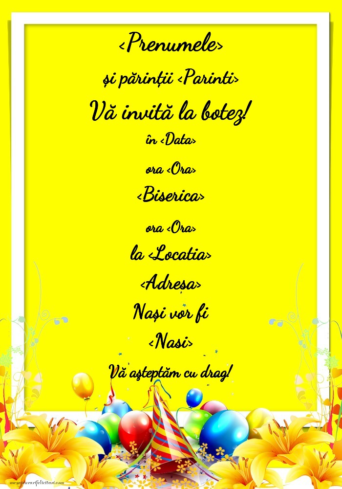 Invitație cu fundal galben, flori si baloane - Invitații de Botez personalizate