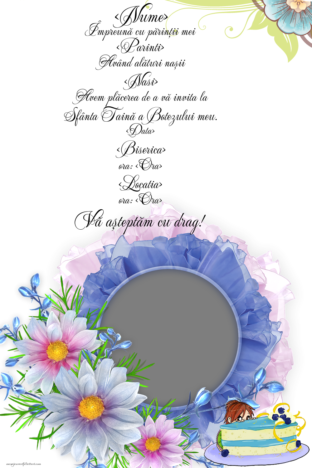 Invitatie la botez cu ramă foto cu flori - Invitații de Botez personalizate