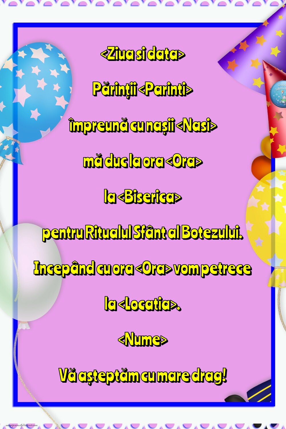 Invitație la botez cu baloane colorate - Invitații de Botez personalizate