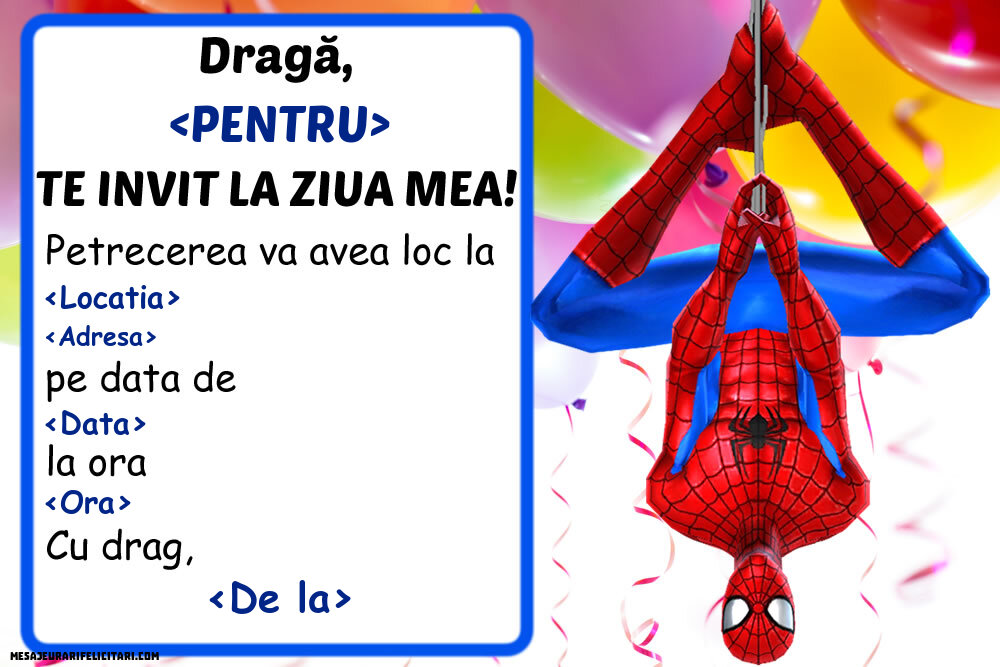 Invitație cu Spiderman - Invitații la Ziua de nastere copii personalizate