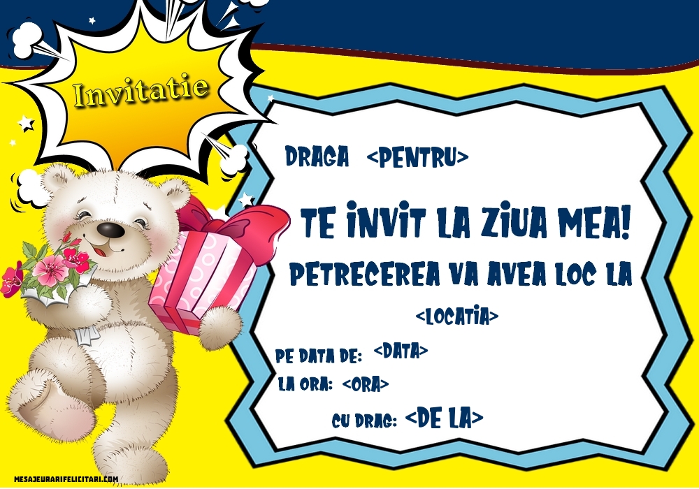 Invitație pentru copii cu ursuleț, cadou si flori - Invitații la Ziua de nastere copii personalizate