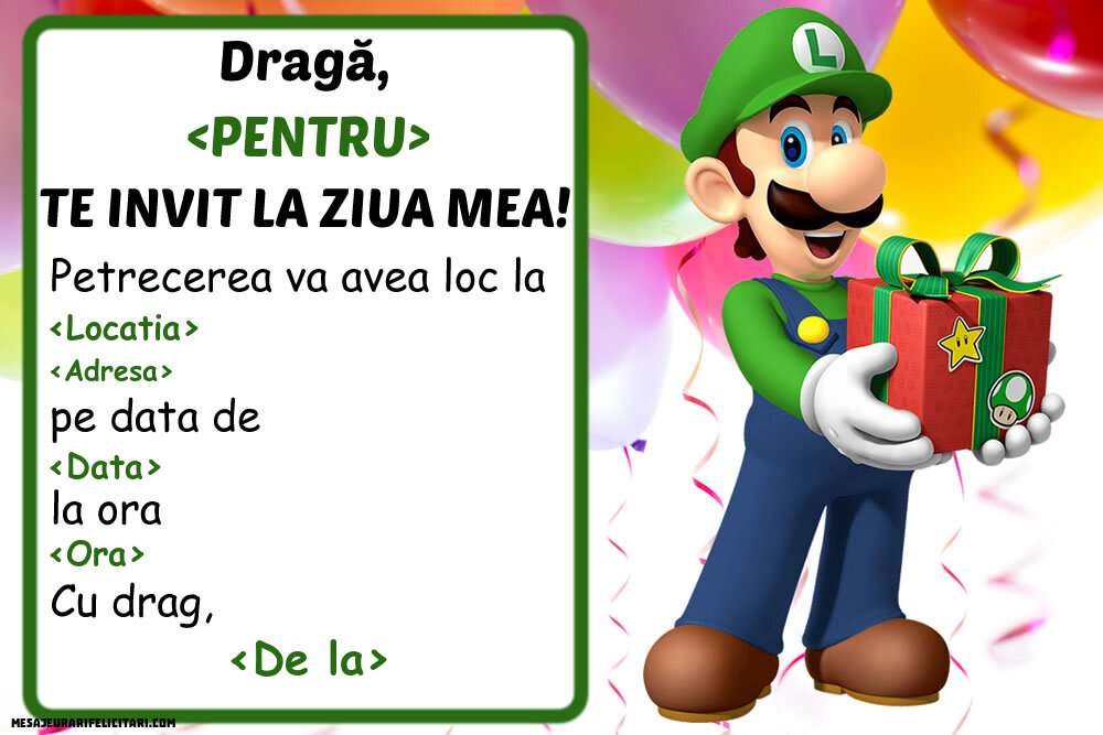 Invitație cu Mario - Invitații la Ziua de nastere copii personalizate