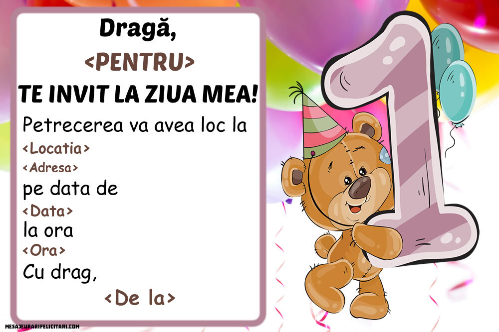 Invitație pentru copii 1 an cu Teddy - Invitații la Ziua de nastere copii personalizate