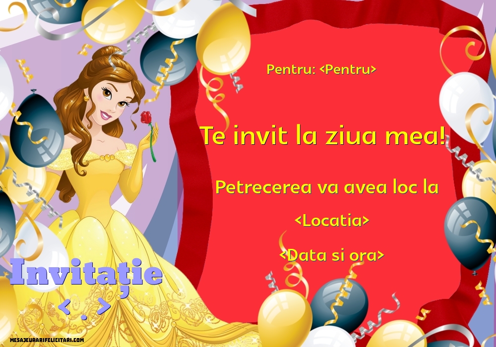 Invitație personalizată pentru petrecere de copii cu Cenușăreasa și baloane - Invitații la Ziua de nastere copii personalizate