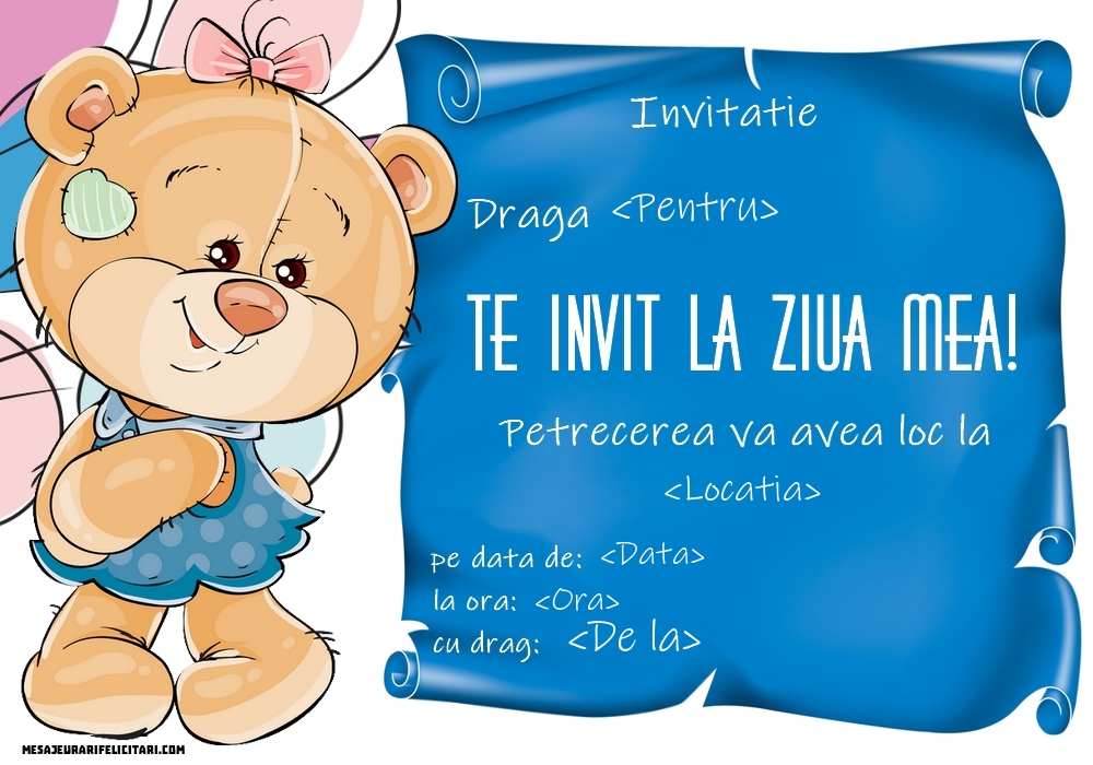 Invitație pentru copii cu baloane și ursuleț - Invitații la Ziua de nastere copii personalizate