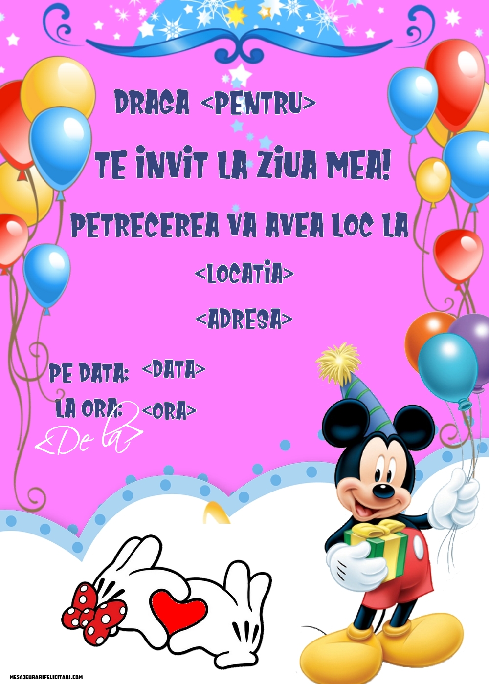 Invitatie la petrecere cu Mickey Mouse cu baloane colorate și desing vertical - Invitații la Ziua de nastere copii personalizate