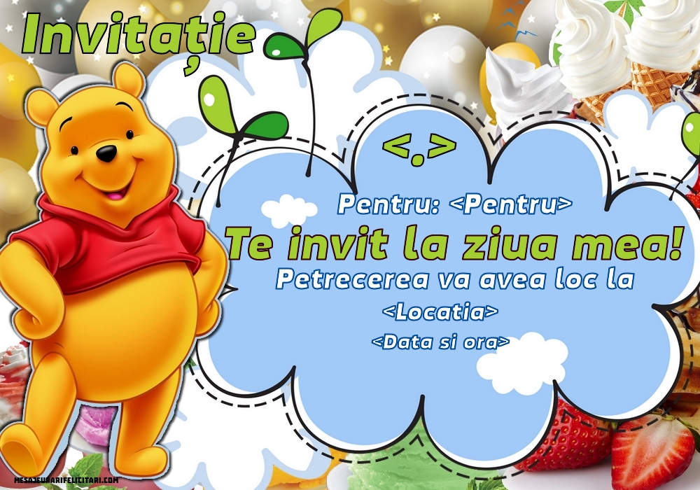 Invitație personalizată pentru petrecere de copii cu Winnie the Pooh - Invitații la Ziua de nastere copii personalizate
