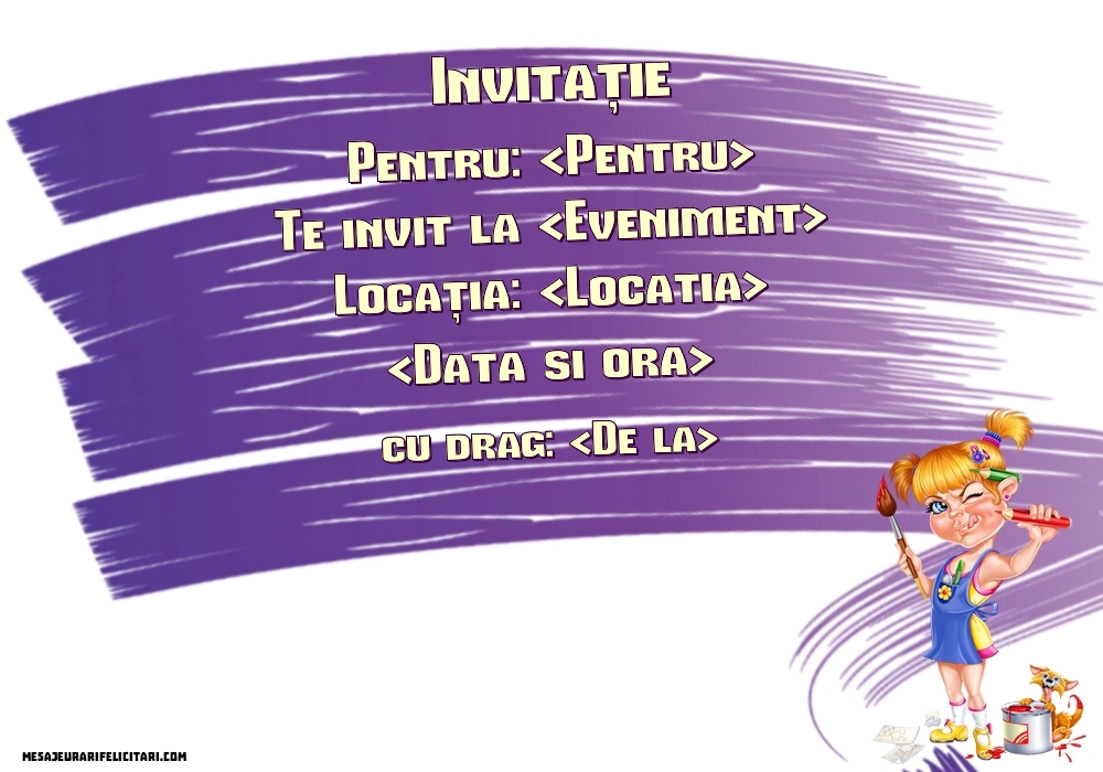 Invitație cu o pictoriță - Invitații la Ziua de nastere copii personalizate