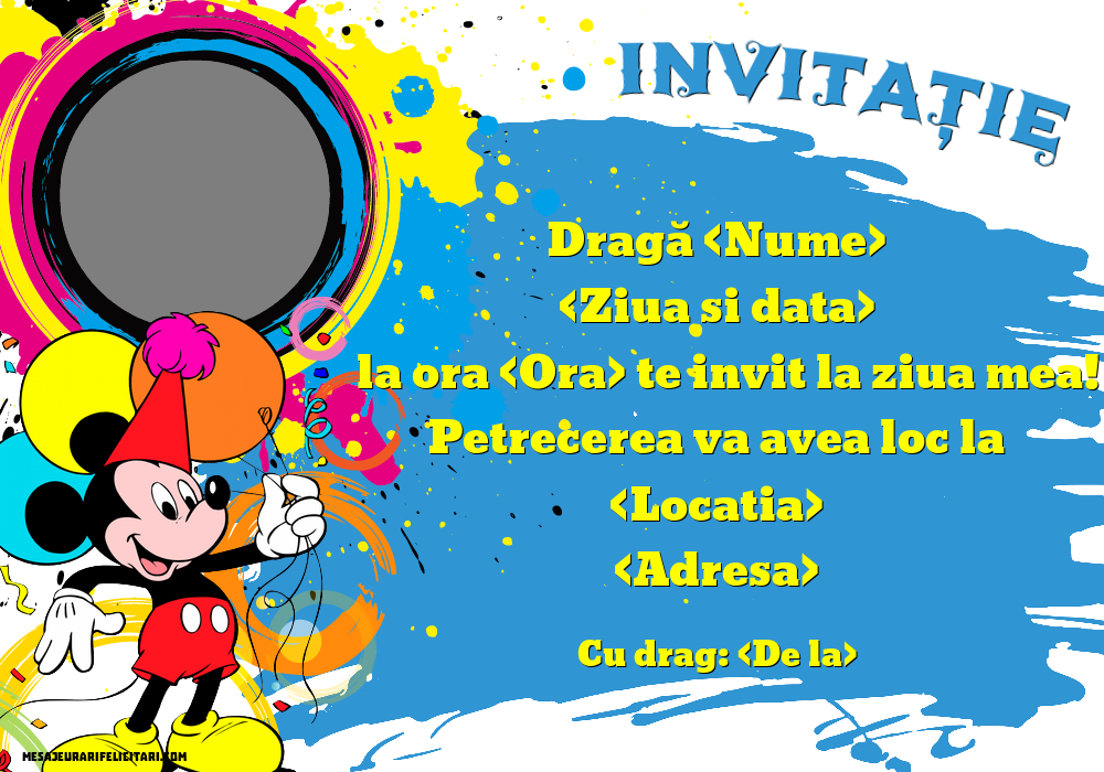 Invitație cu Mikey Mouse personalizată cu imaginea ta - Invitații la Ziua de nastere copii personalizate