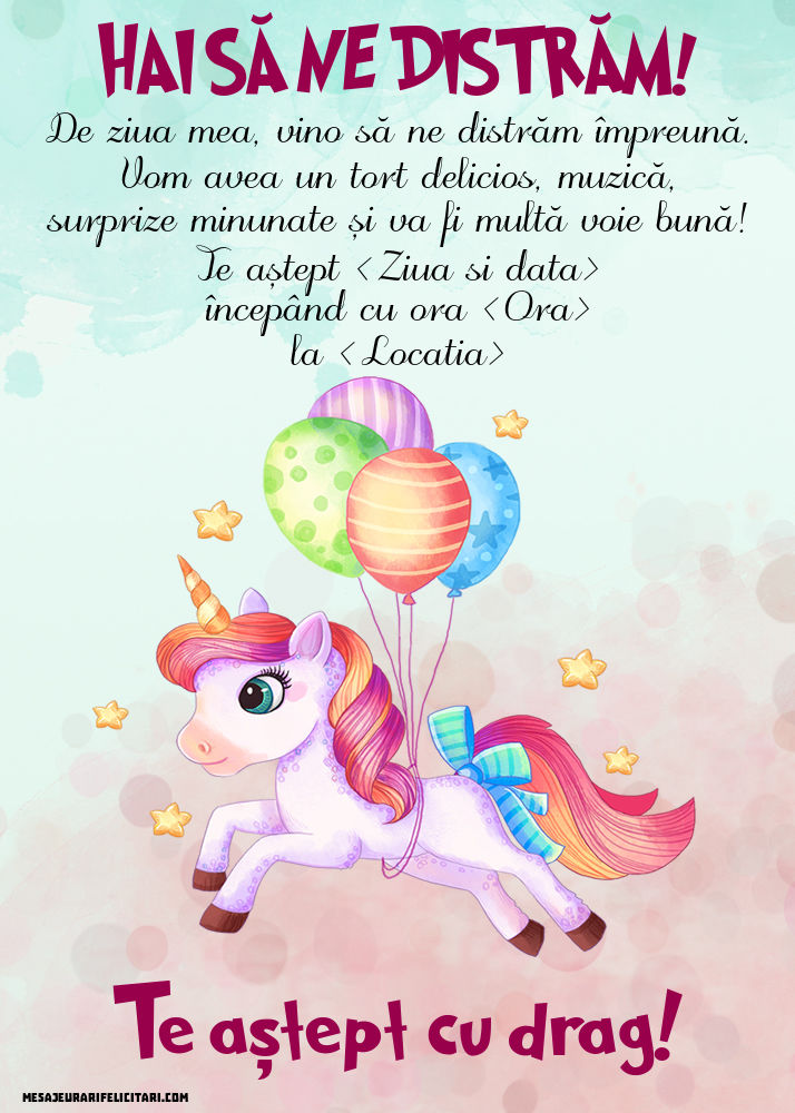 Invitație cu unicorn - Invitații la Ziua de nastere copii personalizate