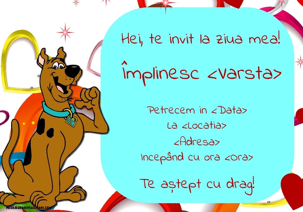 Invitație cu Scooby Doo si background cu inimioare - Invitații la Ziua de nastere copii personalizate