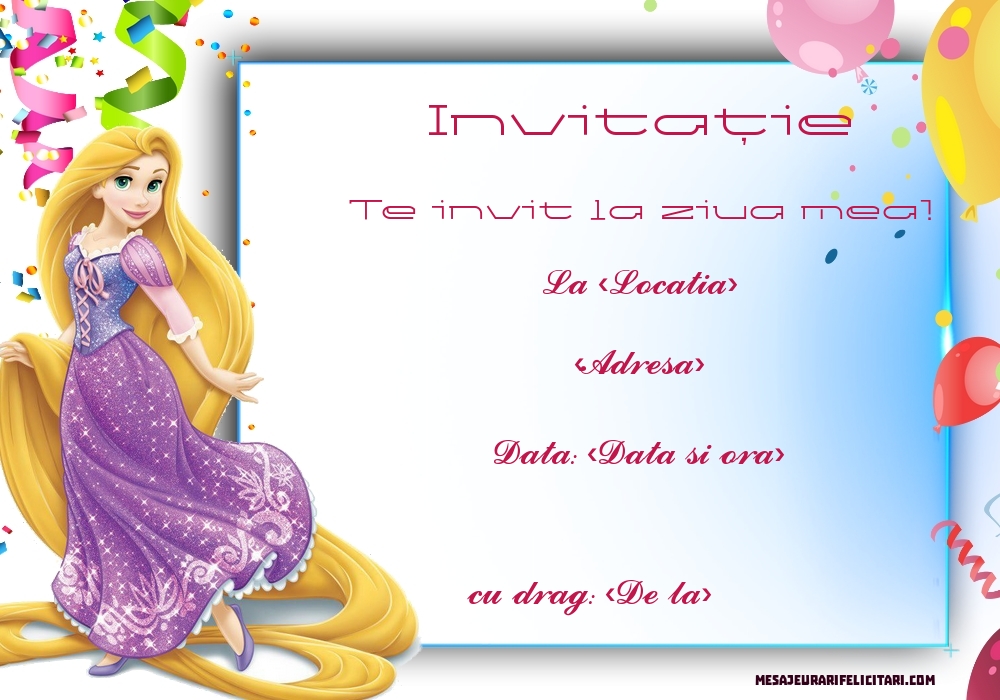 Invitație cu Rapunzel, confeti si baloane - Invitații la Ziua de nastere copii personalizate