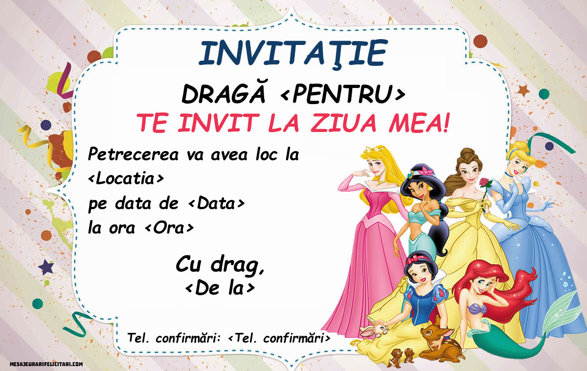 Invitație cu prințese pentru fete - Invitații la Ziua de nastere copii personalizate