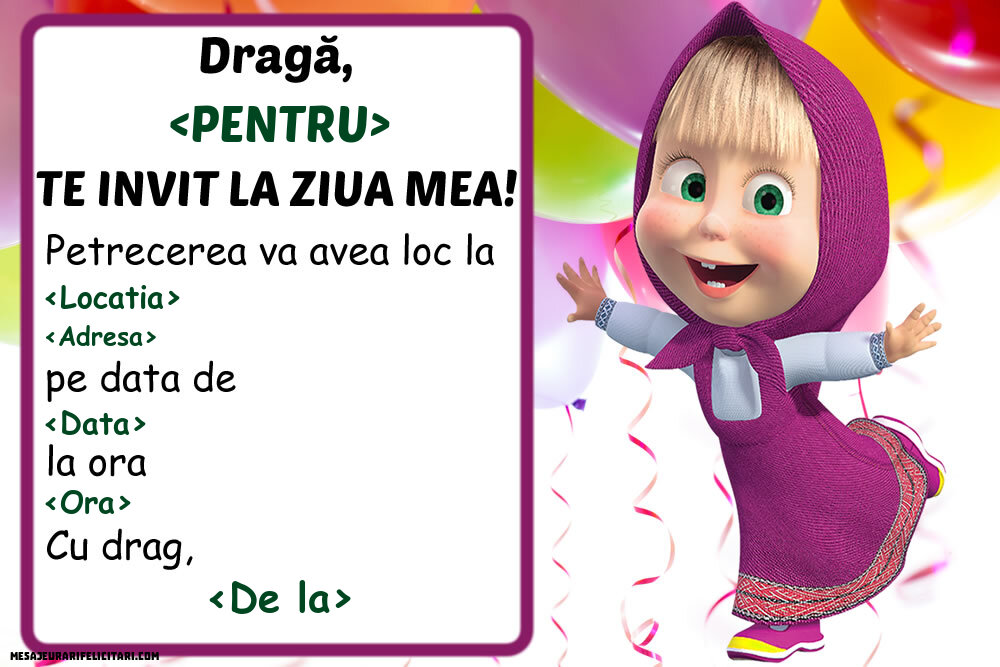 Invitație cu Masha - Invitații la Ziua de nastere copii personalizate