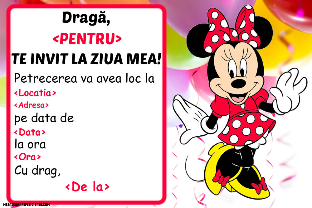Invitație cu Minnie Mouse - Invitații la Ziua de nastere copii personalizate