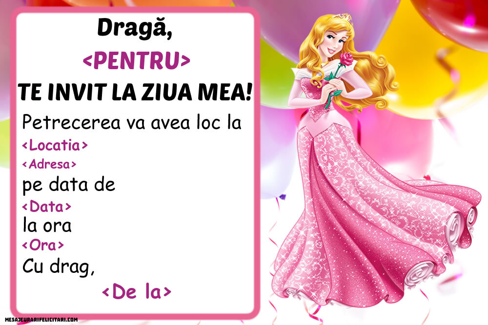 Invitație cu Printesa Aurora - Invitații la Ziua de nastere copii personalizate