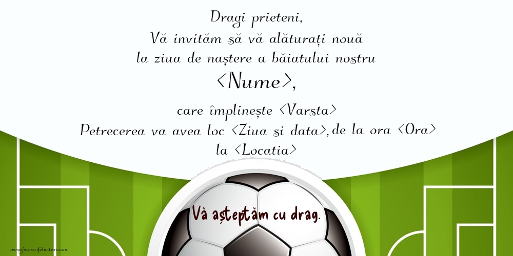 Invitație cu minge și teren de fotbal - Invitații la Ziua de nastere copii personalizate