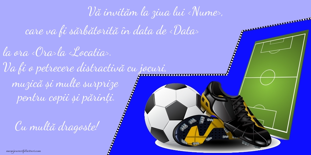 Invitație cu minge, ghete și teren de fotbal - Invitații la Ziua de nastere copii personalizate