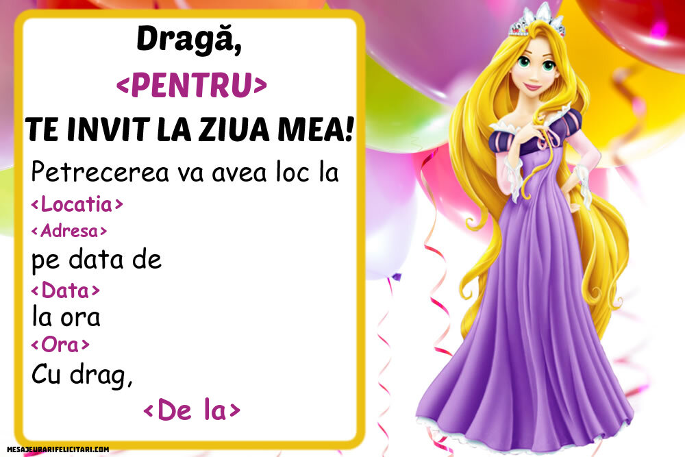 Invitație cu Rapunzel - Invitații la Ziua de nastere copii personalizate