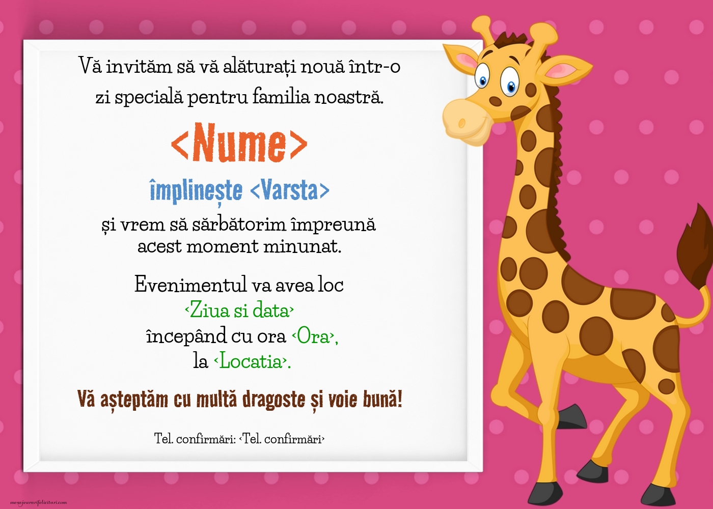 Invitație cu girafa pe fundal rosu - Invitații la Ziua de nastere copii personalizate