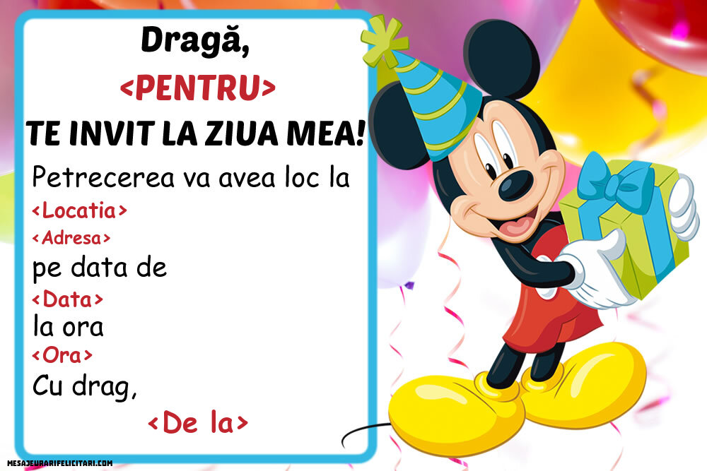 Invitație cu Mickey Mouse - Invitații la Ziua de nastere copii personalizate