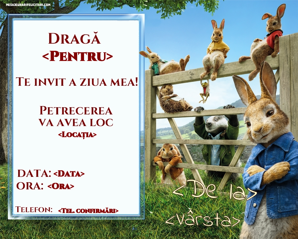 Invitatie cu iepuri pe camp - Invitații la Ziua de nastere copii personalizate