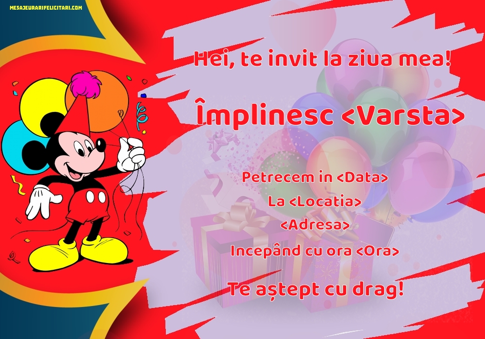 Invitație cu Mikey Mouse si background cu cadouri si baloane - Invitații la Ziua de nastere copii personalizate