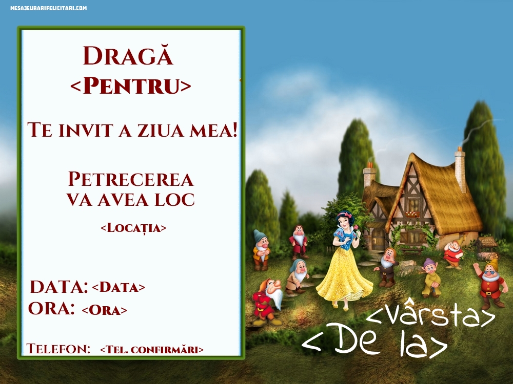 Invitatie cu alba ca zapada - Invitații la Ziua de nastere copii personalizate