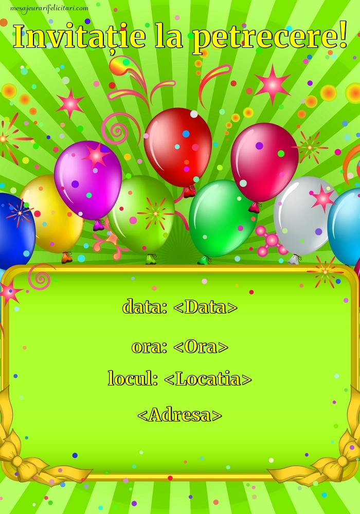 Invitație la petrecere cu baloane colorate și steluțe - Invitații la Ziua de nastere copii personalizate