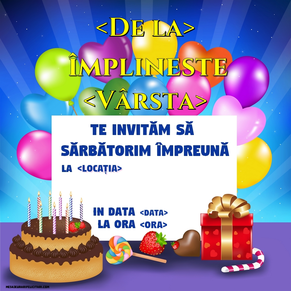Invitație verticala cu baloane, tort si cadou - Invitații la Ziua de nastere copii personalizate