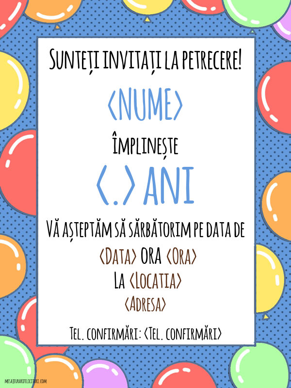 Invitație cu baloane colorate pentru băieți - Invitații la Ziua de nastere copii personalizate
