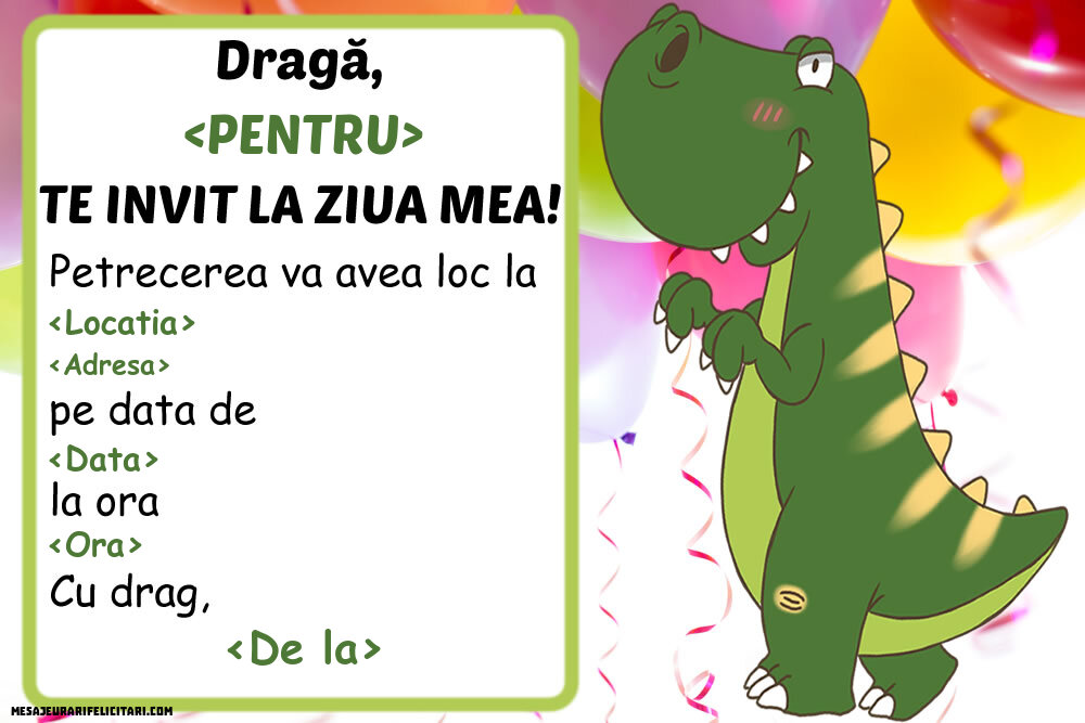 Invitație cu dinozaur - Invitații la Ziua de nastere copii personalizate