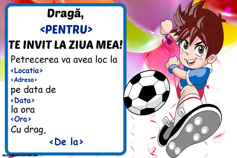 Invitație cu un jucator de fotbal cu minge - Invitații la Ziua de nastere copii personalizate