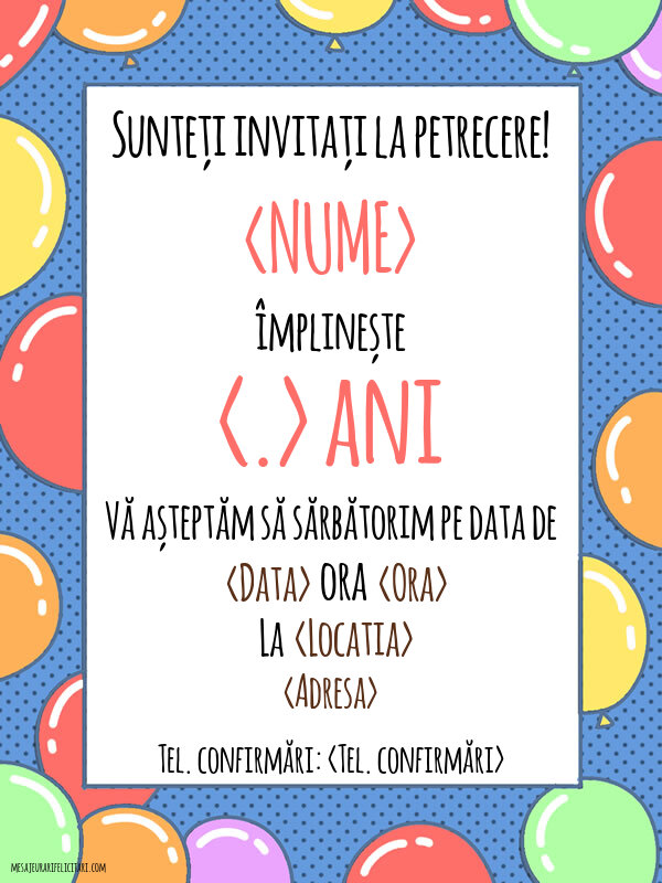 Invitație cu baloane colorate pentru fete - Invitații la Ziua de nastere copii personalizate