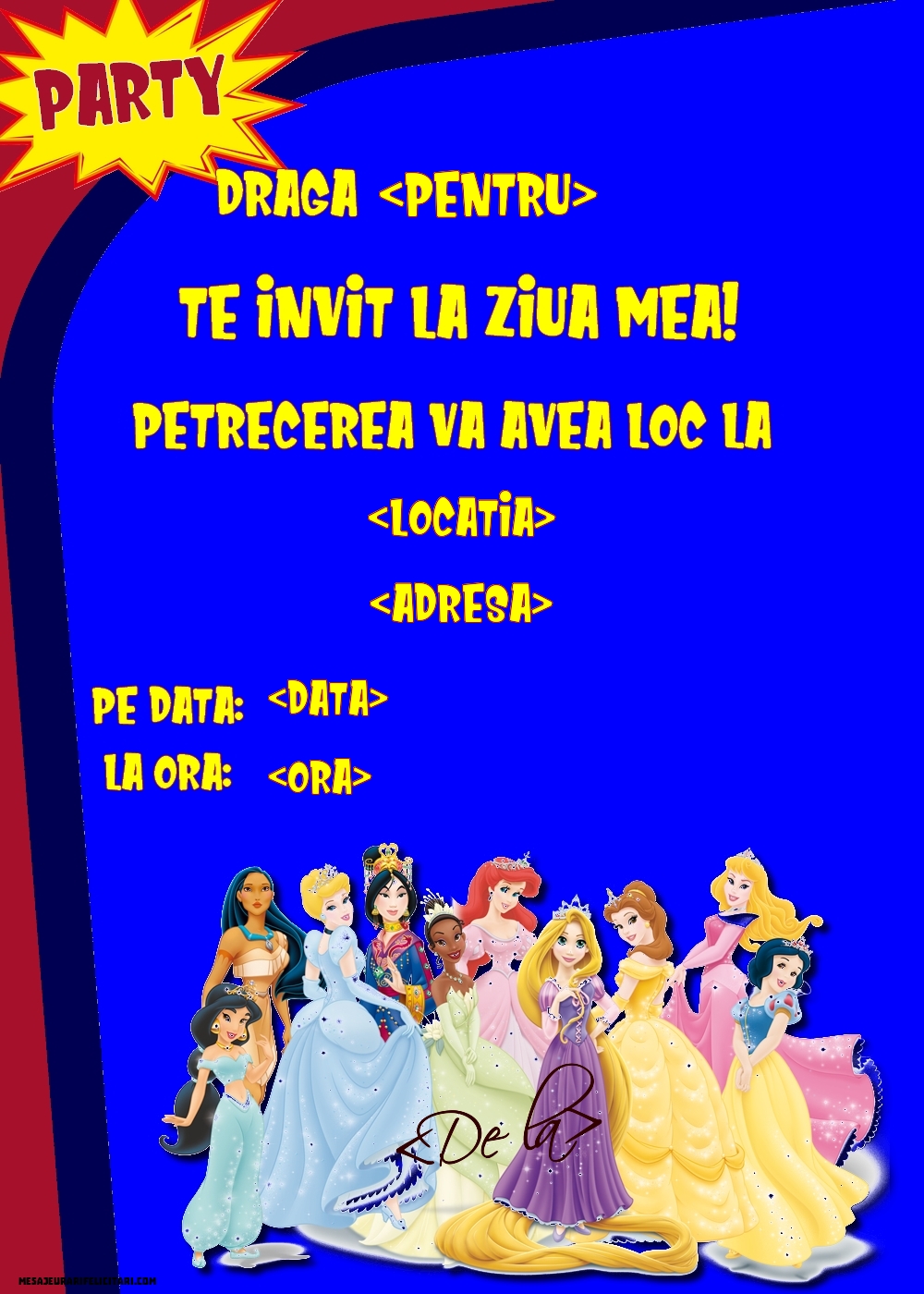 Invitatie la petrecere cu prințese - Invitații la Ziua de nastere copii personalizate