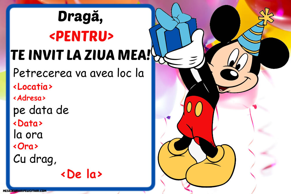Invitație cu Mickey Mouse cu cadou - Invitații la Ziua de nastere copii personalizate