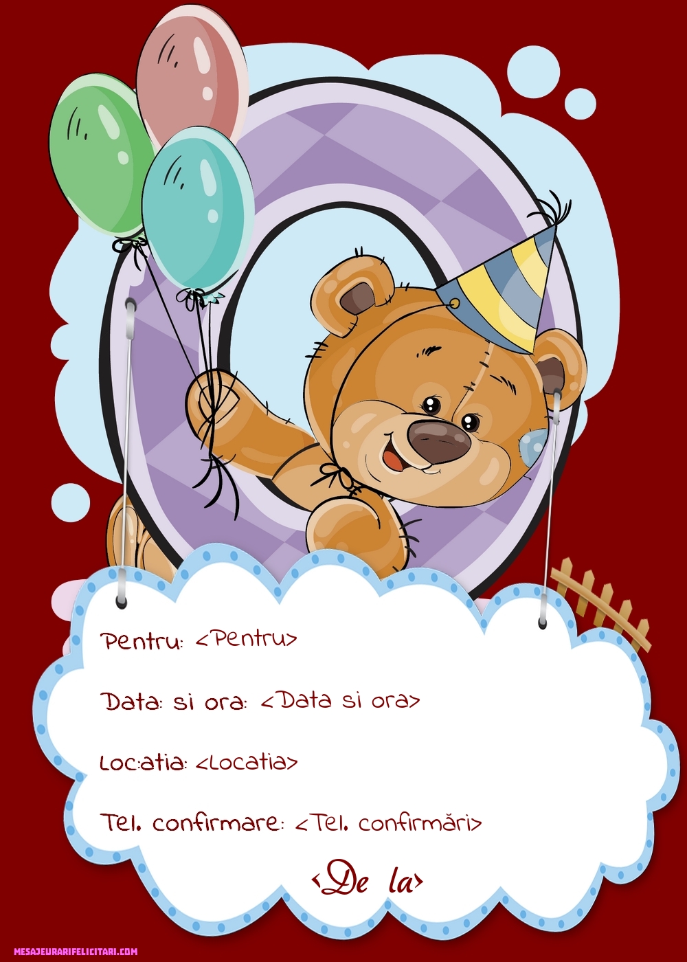 Invitație pentru copii cu ursuleț cu baloane - Invitații la Ziua de nastere copii personalizate