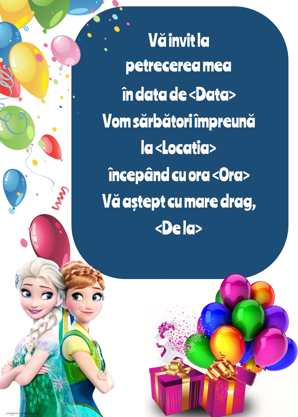 Invitație cu Elsa și Anna, baloane și cutii de cadouri - Invitații la Ziua de nastere copii personalizate