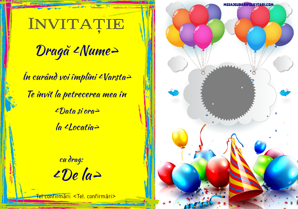 Invitație personalizata cu imaginea ta in ramă rotundă și baloane - Invitații la Ziua de nastere copii personalizate