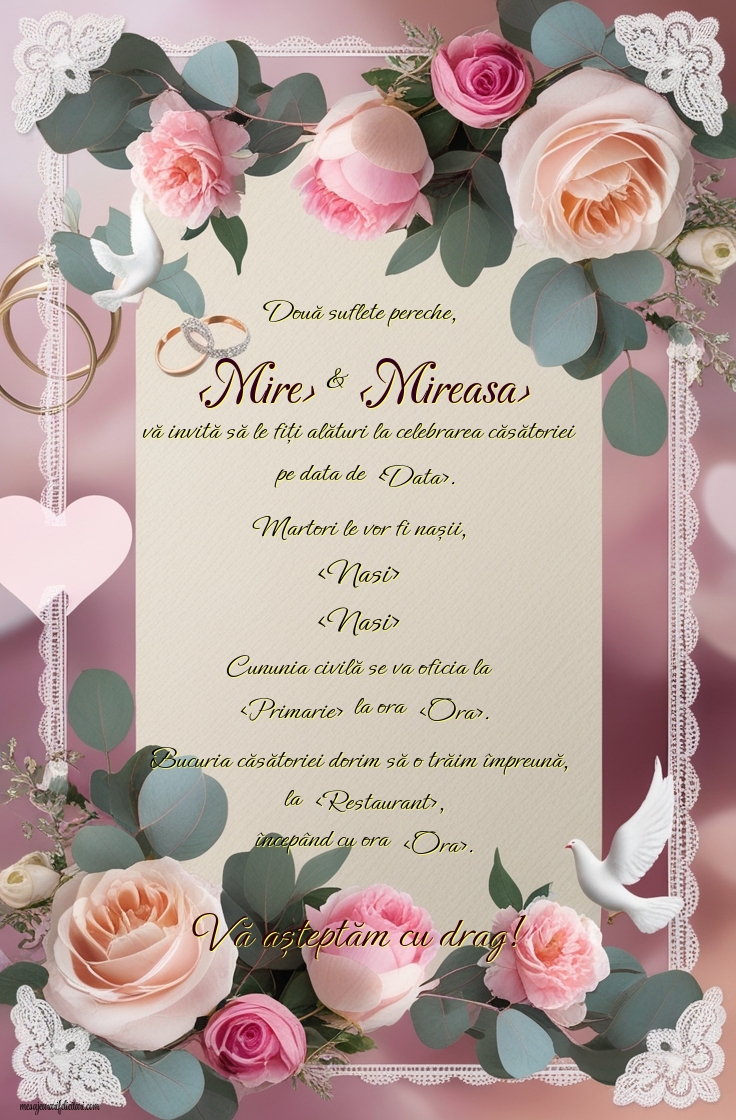 Invitație cu trandafiri: Două suflete pereche vă invită să le fiți alături la celebrarea căsătoriei lor. - Invitații la Cununia Civila personalizate