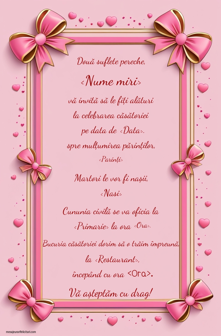 Invitație cu inimioare: Bucuria căsătoriei dorim să o trăim împreună cu voi - Invitații la Cununia Civila personalizate