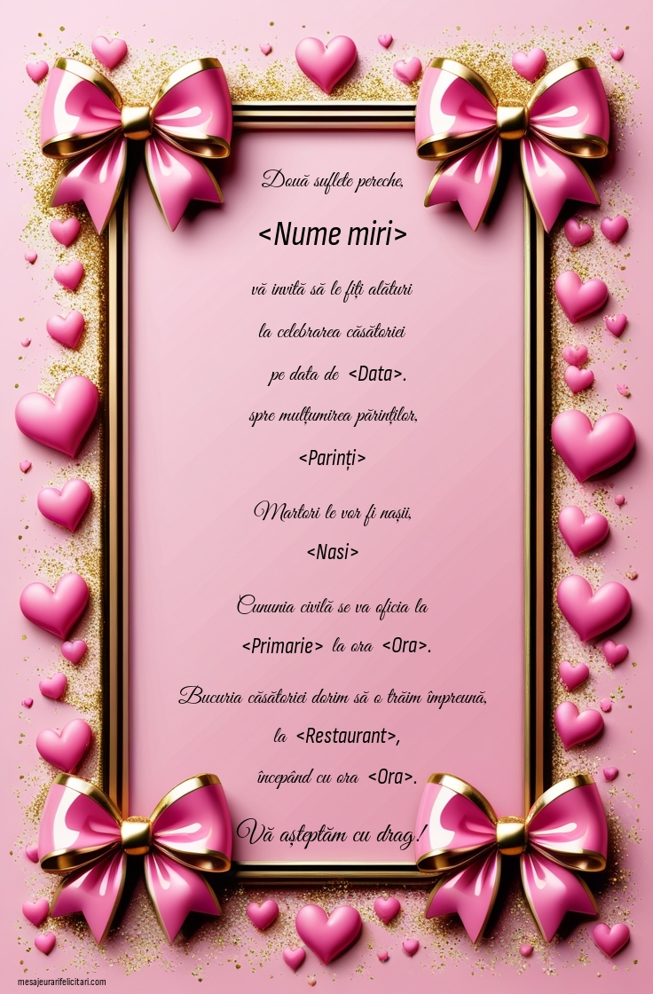Invitație cu inimioare: Bucuria căsătoriei dorim să o trăim împreună cu voi - Invitații la Cununia Civila personalizate
