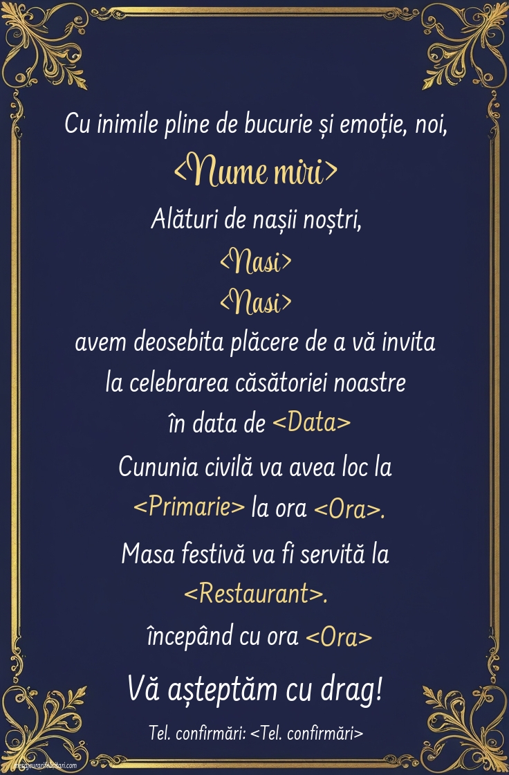 Invitație gold lux clasică simplă pe fundal inchis -  format portret - Invitații la Cununia Civila personalizate