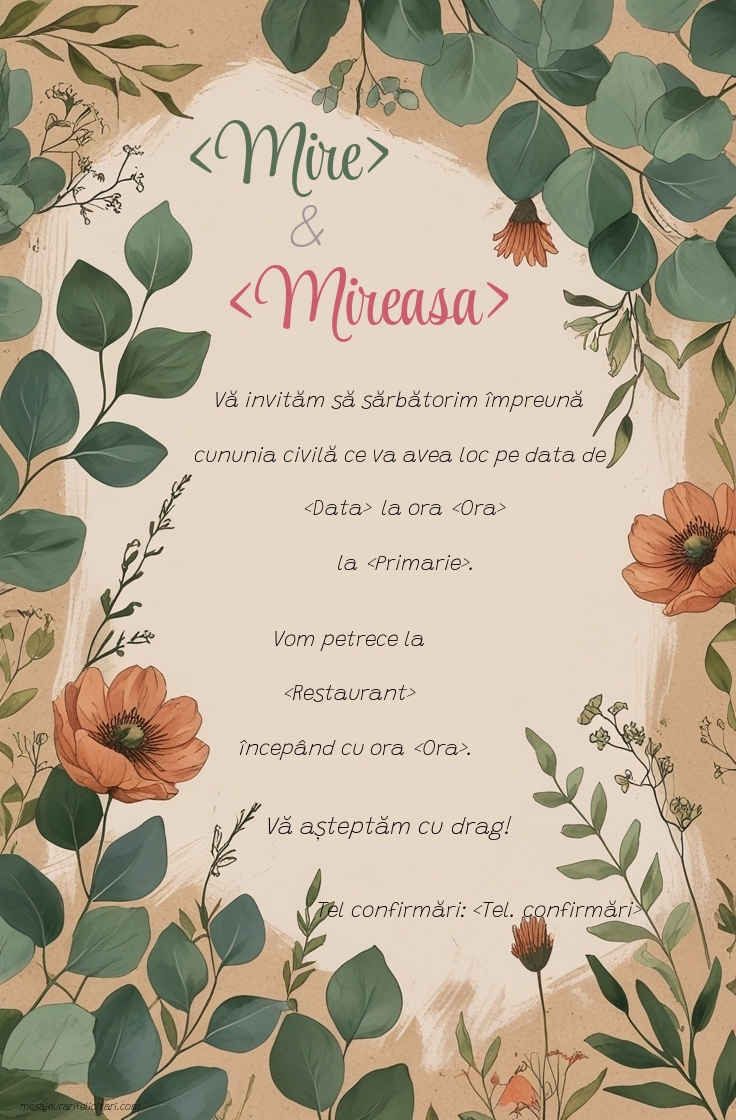 Invitație foarte simplă cu flori - Invitații la Cununia Civila personalizate